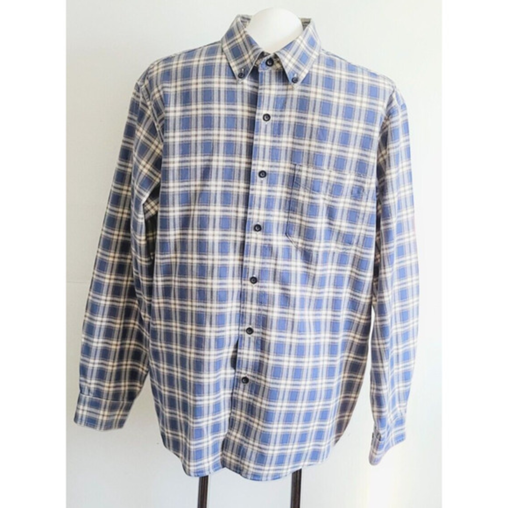 LL Bean Mens Blue Plaid Long Sleeve Button Down Flannel Shirt Pocket